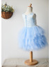 Blue Ruffle Tulle Pearl Embellished Wedding Flower Girl Dress